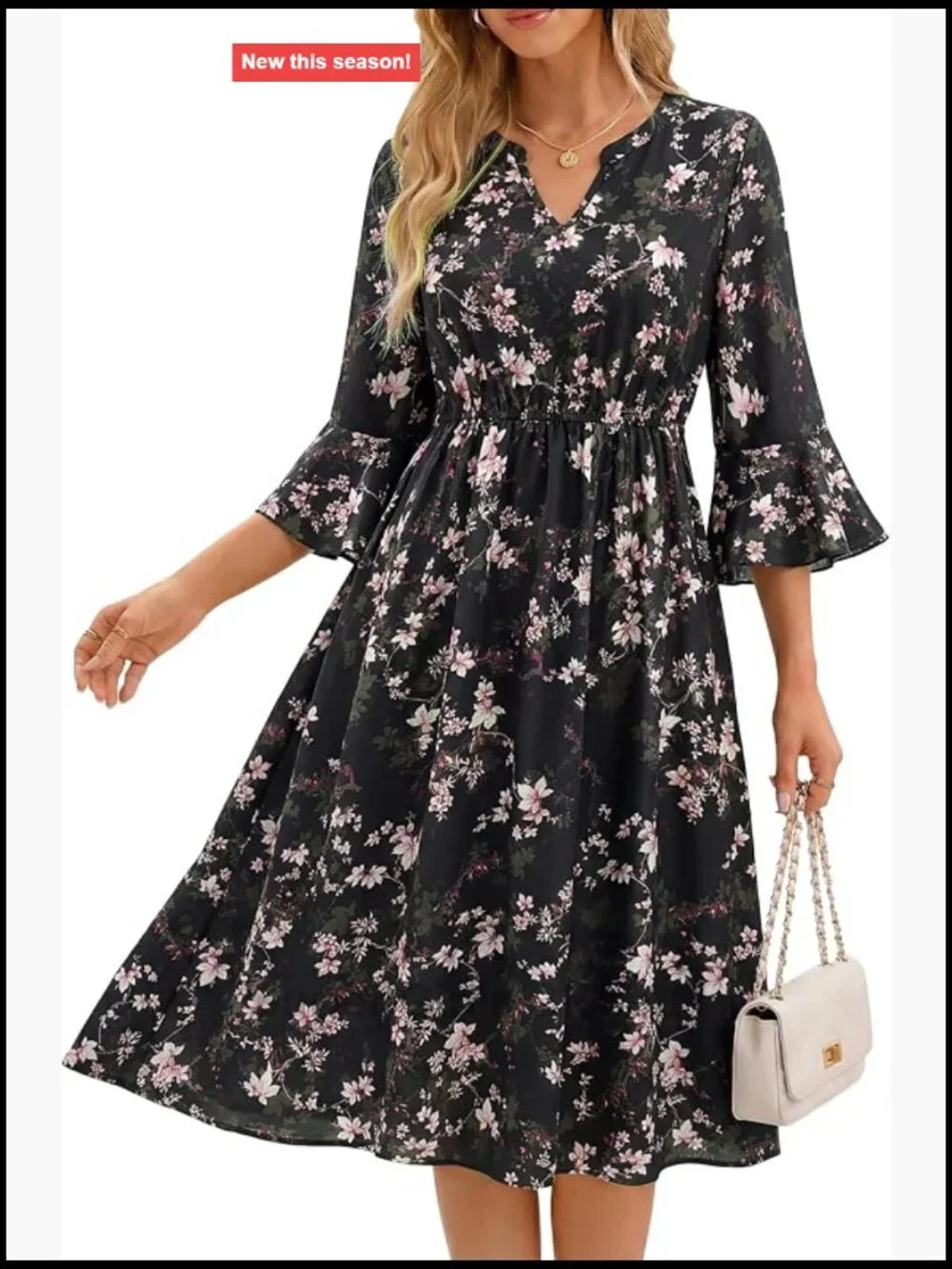 Women's V Neck 3/4 Sleeve Chiffon Floral Midi Dress Casual